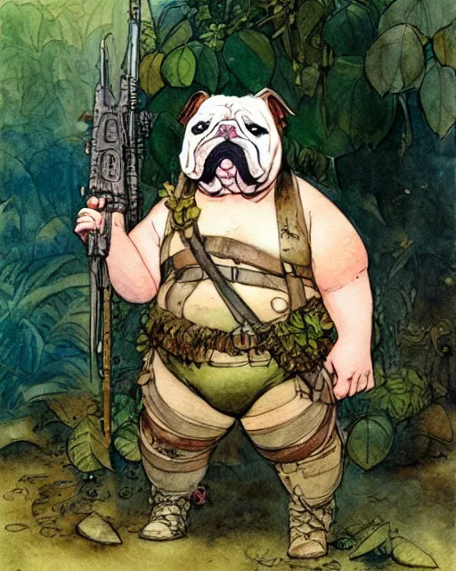 Image similar to a realistic and atmospheric watercolour fantasy character concept art portrait of a fat adorable chibi bulldog soldier with body armor in the jungle, by rebecca guay, michael kaluta, charles vess and jean moebius giraud