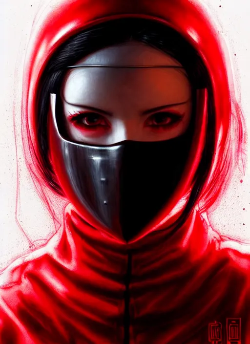 Prompt: portrait of long black hair girl within a red steel mask and techwear. cynical face, concept art, cyberpunk illustration, intricate, highly detailed 8 k, smooth, matte, sharp focus, rim light, beautiful and aesthetic shape of face and body, artgerm, artstation, art by gharliera and rinotuna and junpei