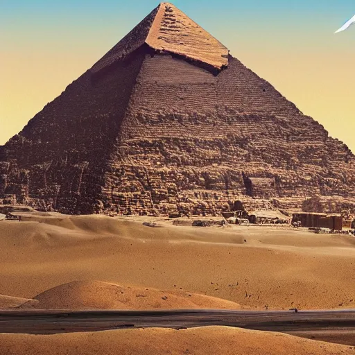 Prompt: a panorama of a futuristic pyramids of giza and sphynx, digital art, trending on artstation