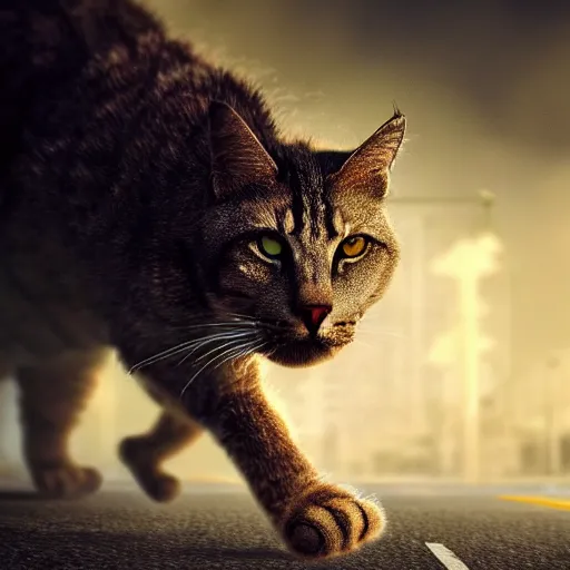 Prompt: apocalyptic, a closeup of an big angry cat walking on the future street. smoke. volumetric lighting, sharp focus, ultra detailed, cgsociety - w 1 0 2 4 - n 8 - i