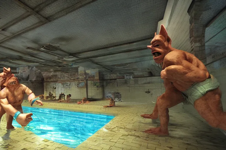 Image similar to photo, two old men fight pig mutants 4 0 1 2 7 inside a swimming pool, highly detailed, scary, volumetric lighting, front view