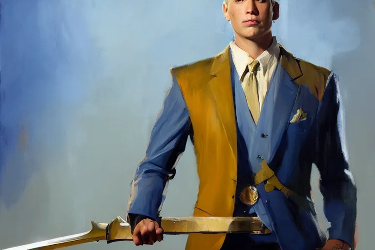 Image similar to greg manchess portrait painting of a blond man in a blue suit with a sword and a pistol, asymmetrical, profile picture, organic painting, sunny day, matte painting, bold shapes, hard edges, street art, trending on artstation, by huang guangjian, gil elvgren, ruan jia, randy vargas, greg rutkowski