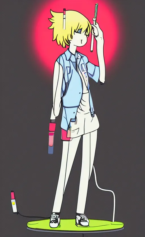 Image similar to Android wearing a school uniform, smoking a cigarette while standing on street corner lit by a neon sign”, full body shot, Digital art, detailed, anime