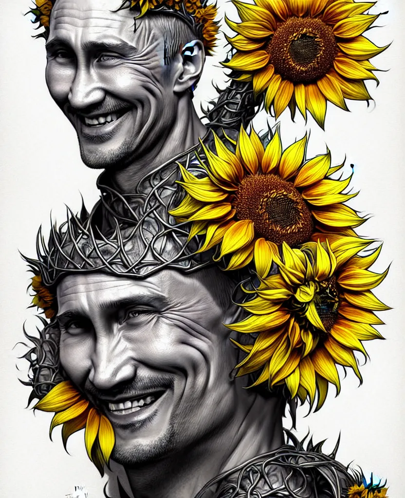 Image similar to digital art, centered full body of Putin smiling king, Sunflower crown, ,intricate, veins, by James Jean and by artgerm , by ross tran ultradetailed, charachter design, concept art, trending on artstation,