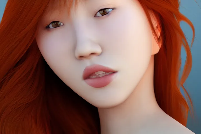 Prompt: hyperrealistic portrait of stunningly beautiful redhead korean girl in a morning light, trending on artstation,ultrawide angle, f8 , unreal engine