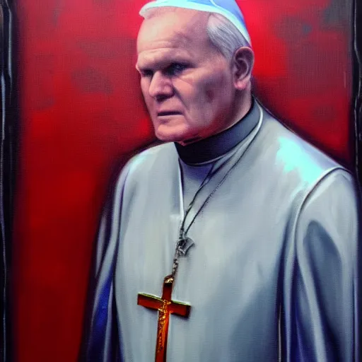 Image similar to john paul ii in cyberpunk 2 0 7 7, oil painting