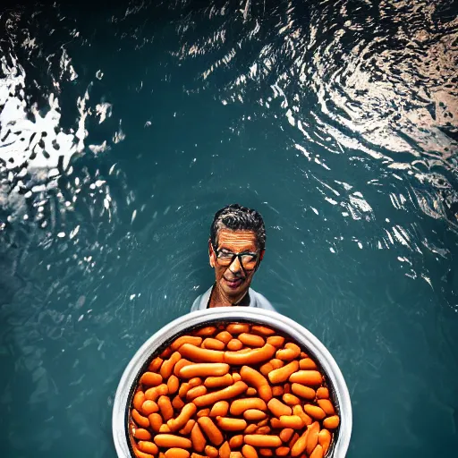 Image similar to jeff goldblum emerging from a pool of baked beans ( sony a 7 r iv, symmetric balance, polarizing filter, photolab, lightroom, 4 k, dolby vision, photography awardm, voque, perfect face )