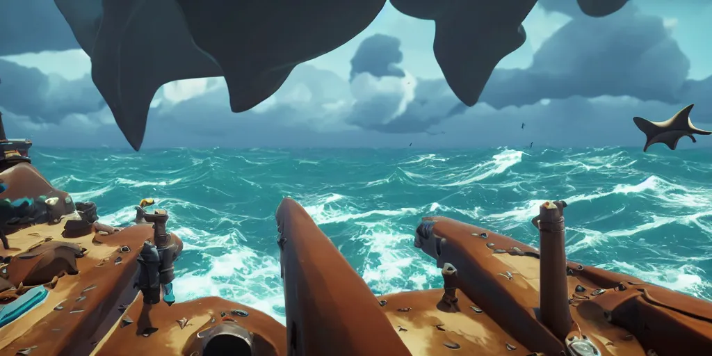 Prompt: a group of stingray, rays and sharks flying in the sky in a rough sea, sea of thieves style, unreal engine, cinematic, waves, fog, clouds, rain