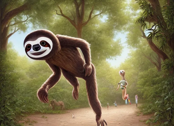 Prompt: anthro sloth going for a run in the park, wearing running sneakers and a muscle tee - shirt, dynamic active running pose, an ultrafine detailed painting by mark ryden, trending on deviantart, pop surrealism, whimsical, lowbrow, grotesque