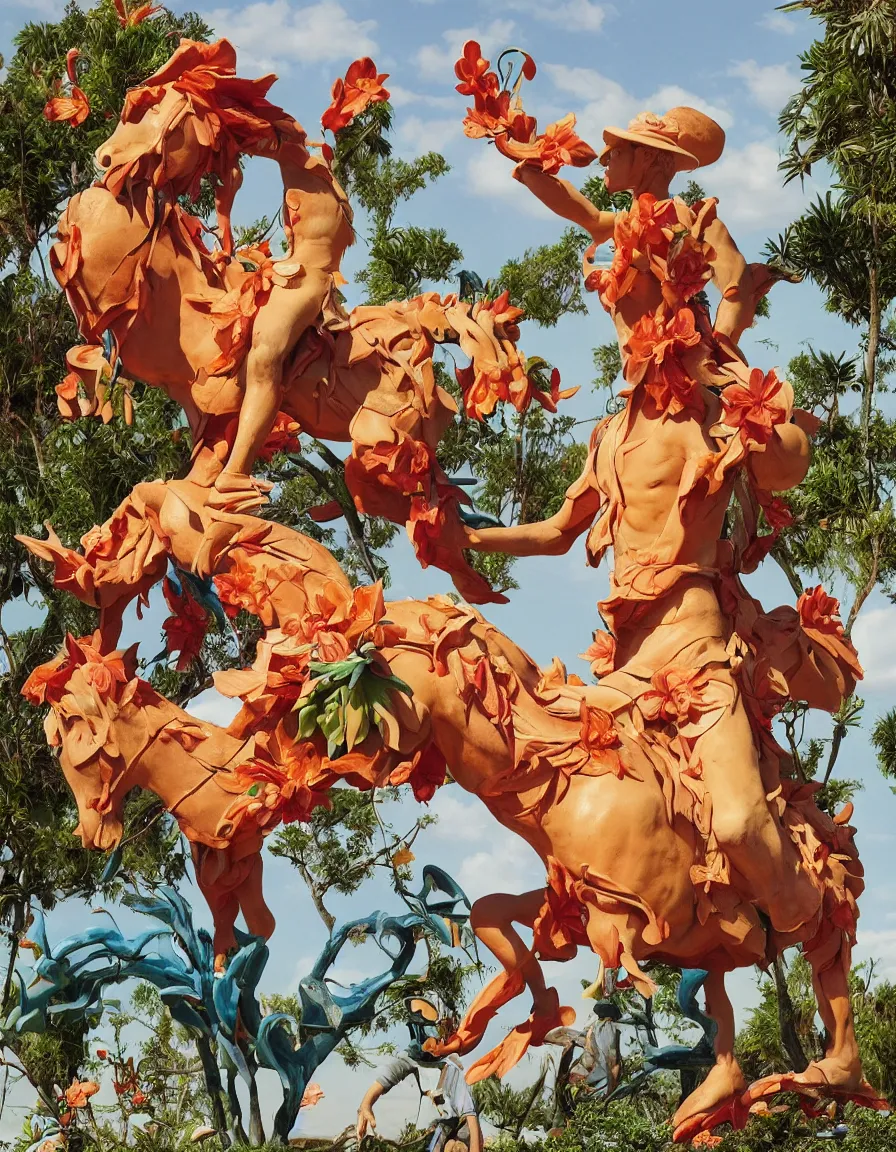 Image similar to a cowboy turning into blooms by slim aarons, by zhang kechun, by lynda benglis, by frank frazetta. tropical sea slugs, angular sharp tractor tires. bold complementary vivid colors. warm soft volumetric light. 8 k, 3 d render in octane. a manly cowboy riding wild flowers sculpture by antonio canova.