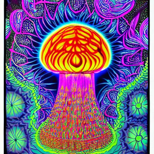 Prompt: Terence McKenna reincarnated as a magic mushroom. in style of Alex Grey, highly detailed, blacklight poster