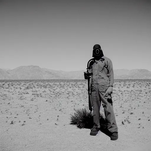 Image similar to a man wearing a gasmask, heavily equipped, in the desert, film still, panasonic 35mm