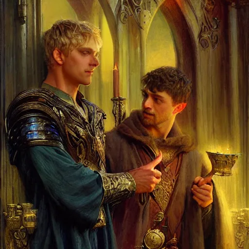 Image similar to handsome arthur pendragon in love with handsome merlin the mage. merlin is also in love with arthur. highly detailed painting by gaston bussiere, craig mullins, j. c. leyendecker