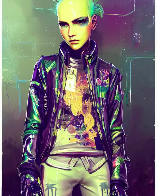 Image similar to detailed portrait Punk Girl cyberpunk futuristic ((neon)) Reflective puffy sheen film jacket, decorated with traditional japanese ornaments by ismail inceoglu dragan bibin hans thoma greg rutkowski Alexandros Pyromallis Nekro Rene Margitte illustrated Perfect face, fine details, realistic shaded, fine-face, pretty face