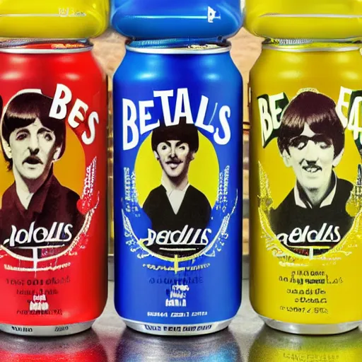 Prompt: an advertisement for a beatles soda, with the beatles pasted on the packaging, soda bottle with a small illustration of the beatles pasted on the packaging, award winning, studio light, 4K