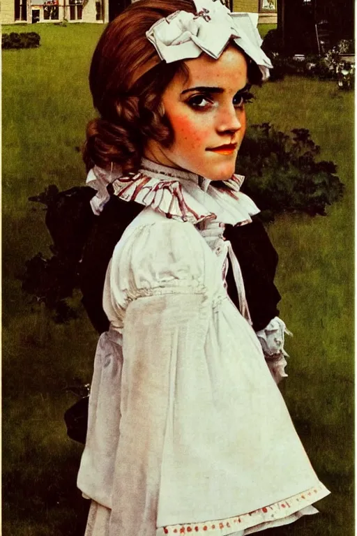 Image similar to photo photorealistic portrait photograph Emma Watson as maid 1970s portrait by Norman Rockwell
