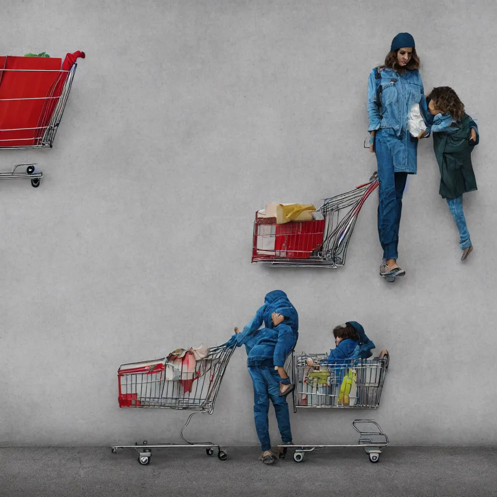 Image similar to a homeless mother and child holding hands and pushing a shopping cart in front of a blank wall, hyperrealistic