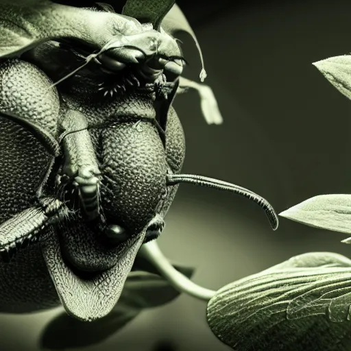 Image similar to insects, green world, realistic, black and white, complex, octane render, unreal engine, photorealistic