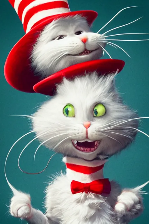 Image similar to complex 3 d render, hyper detailed, ultra sharp, of the cat in the hat, scary, comical, cinematic, natural soft light, rim light, octane render, artstation, art by artgerm and greg rutkowski and alberto seveso, dr seuss