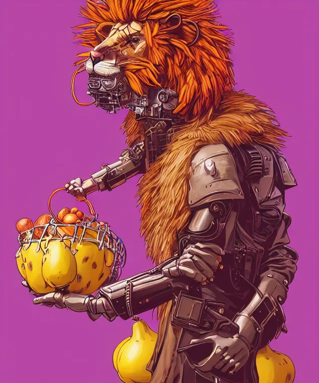 Image similar to a portrait of an anthropomorphic cyberpunk lion holding a fruit basket, fantasy, elegant, digital painting, artstation, concept art, matte, sharp focus, illustration, art by josan gonzalez