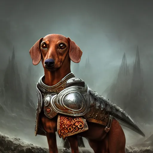 Image similar to warrior dachshund in armor, eerie, intricate, highly detailed, sorrow, dramatic, emotional, proud, matte painting, award - winning art, cold lighting, refractions, volumetric lighting, trending on artstation, digital art, 8 k