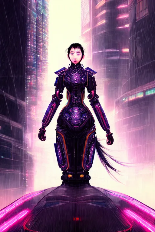 Image similar to portrait futuristic wuxia armor heroine Girl with thunder and fire sparkles and starlight, fighting in future cyberpunk tokyo heavy rainning rooftop , ssci-fi, fantasy, intricate, very very beautiful, elegant, human structure, neon light, highly detailed, digital painting, artstation, concept art, smooth, sharp focus, illustration, art by tian zi and WLOP and alphonse mucha