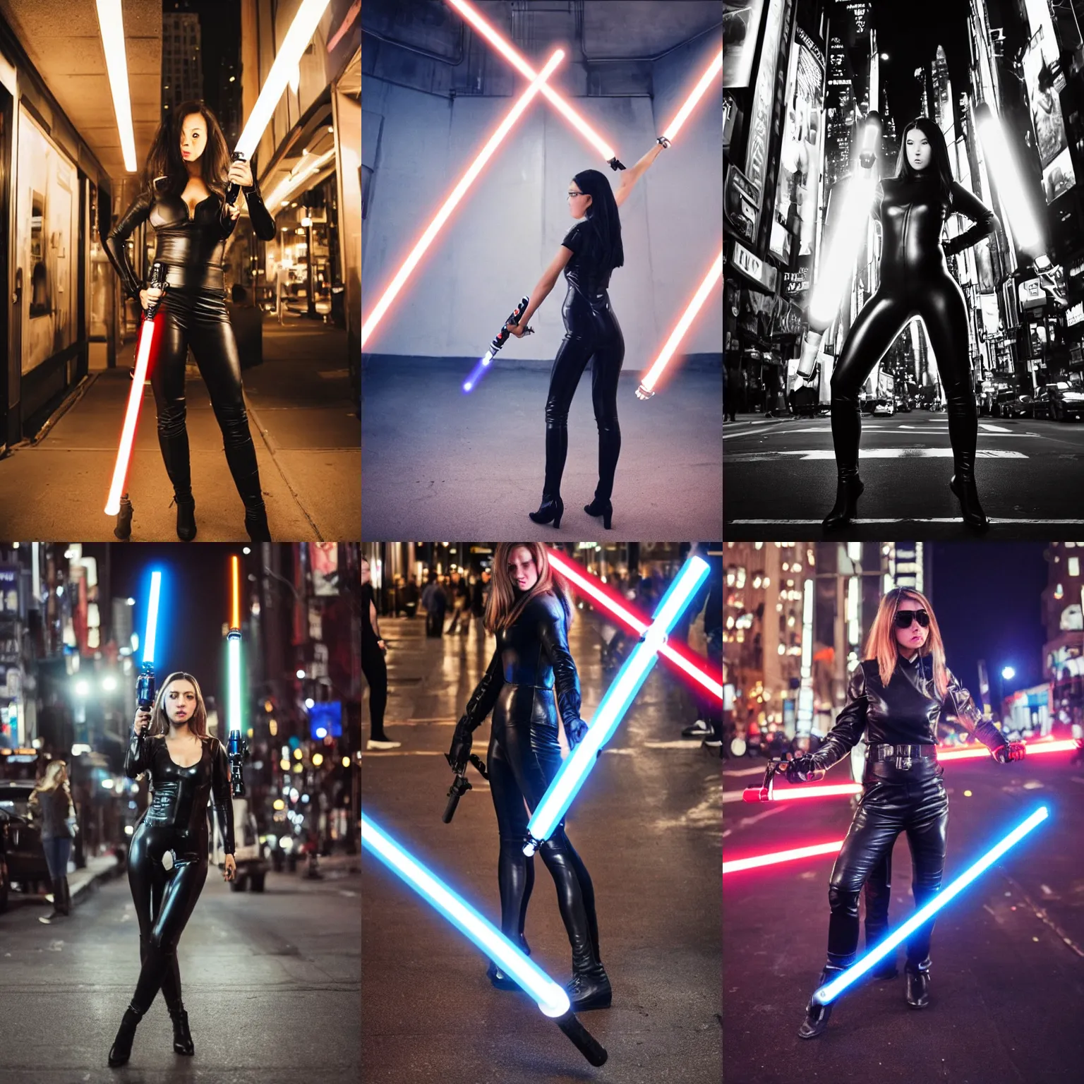 Prompt: “wide angle photo of a girl in tight leather clothes holding a lightsaber in New York City, night, cinematic 8K”