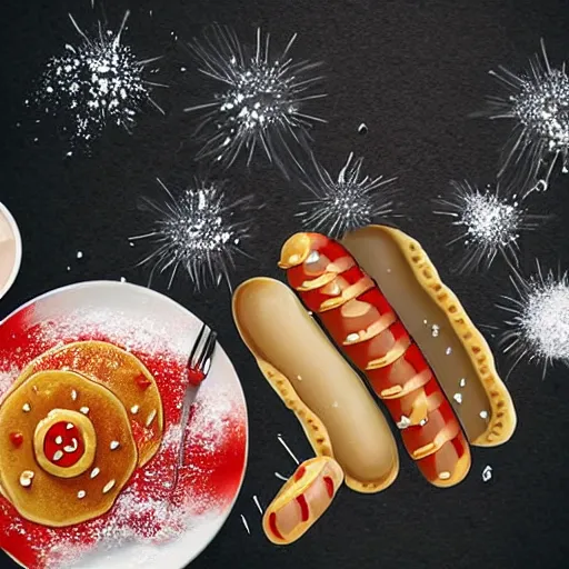 Prompt: highly detailed, art, realistic, pancakes sprinkled in white powder with hotdogs on top