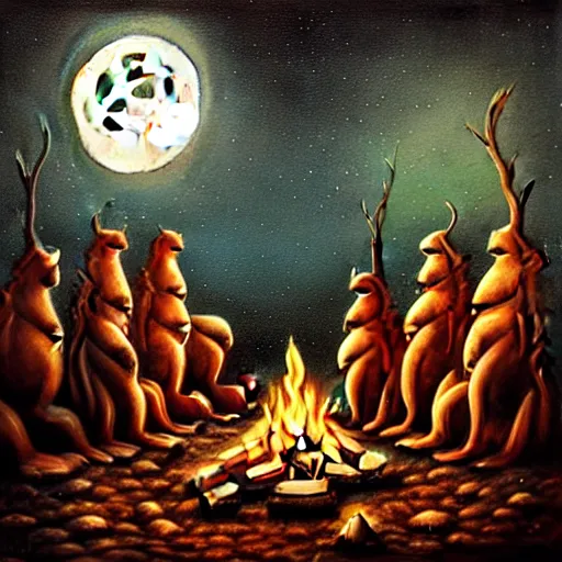 Image similar to strange mythical beasts of sitting around a fire under a full moon, surreal dark uncanny painting by ronny khalil