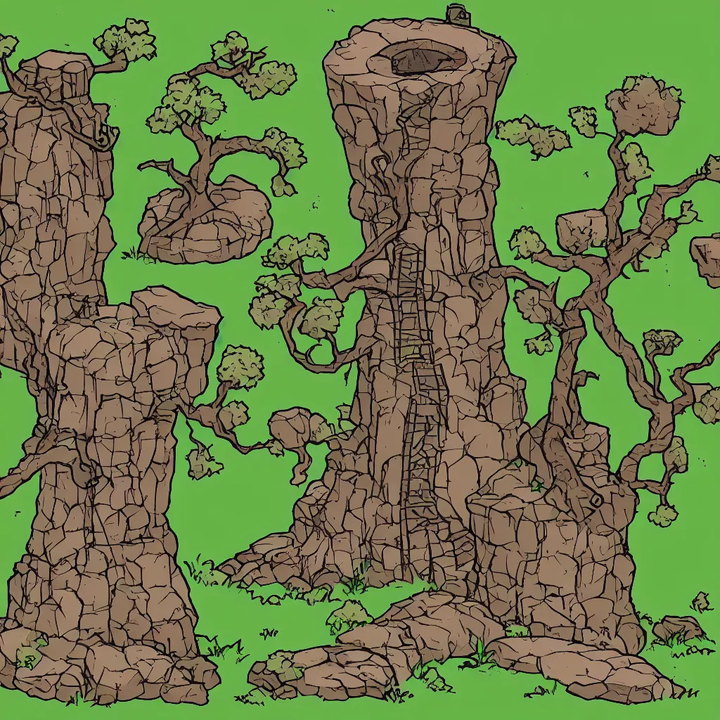 Image similar to ground, tree, rock and wizard tower, on a lineart tileset