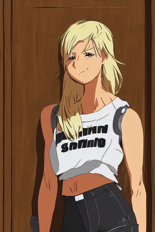 Image similar to anime style cel shaded portrait of a blonde woman, 40 years old, brown sun tanned skin, tattoos down left arm and back, wearing a charcoal vest top, white shorts and hiking boots, stood in sunshine in front of a door