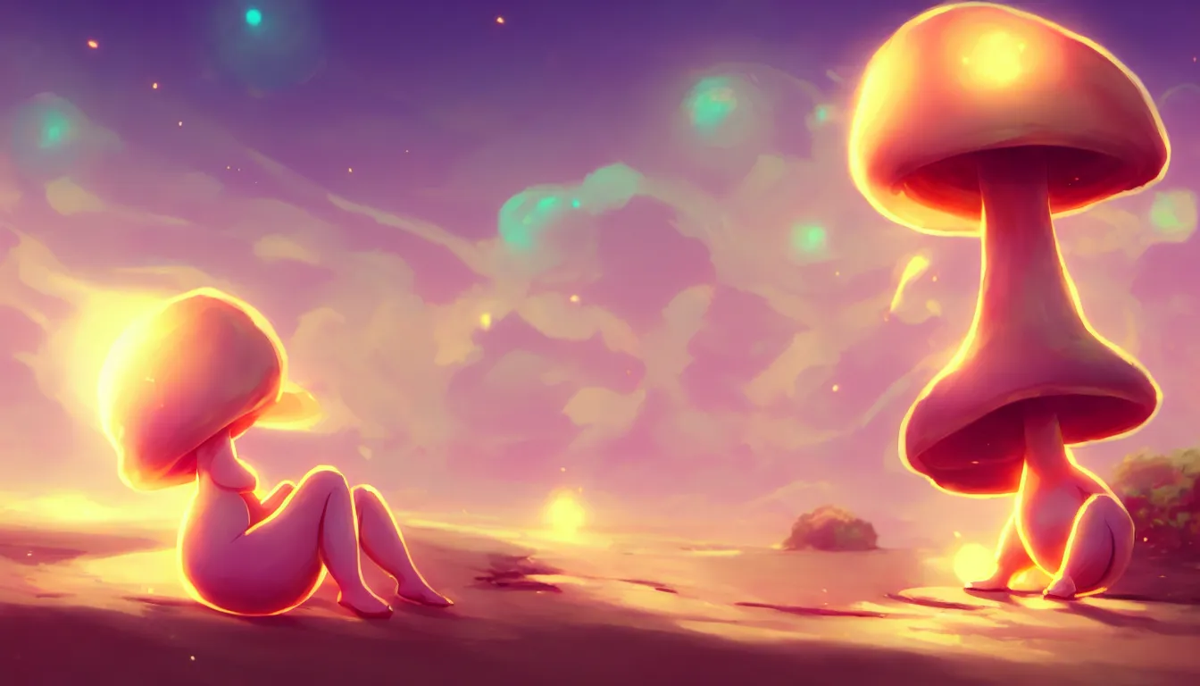 Image similar to concept art for a cute thicc humanoid mushroom creature, anime style, golden hour, lens flare, pastel pink glow, sitting on the beach | | epic - fine - clean, polished, trending on artstation, brush strokes