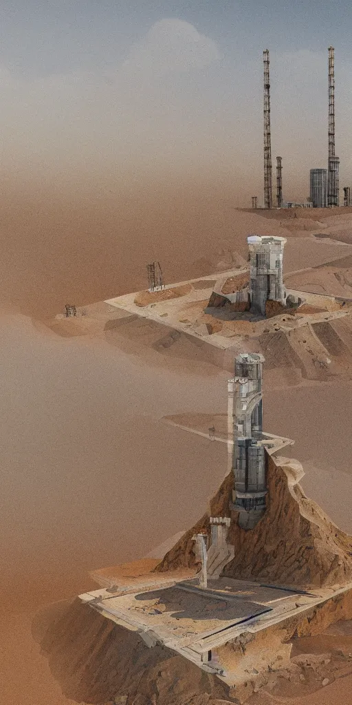 Image similar to urreal theory of a white stepped high tech architecture, ancient epic tower of babylon in the mining tailings in the desert, biroremediation plant, foggy, patchy cactus, oil painting, pale colors, high detail, 8 k, wide angle, trending on artstation, behance