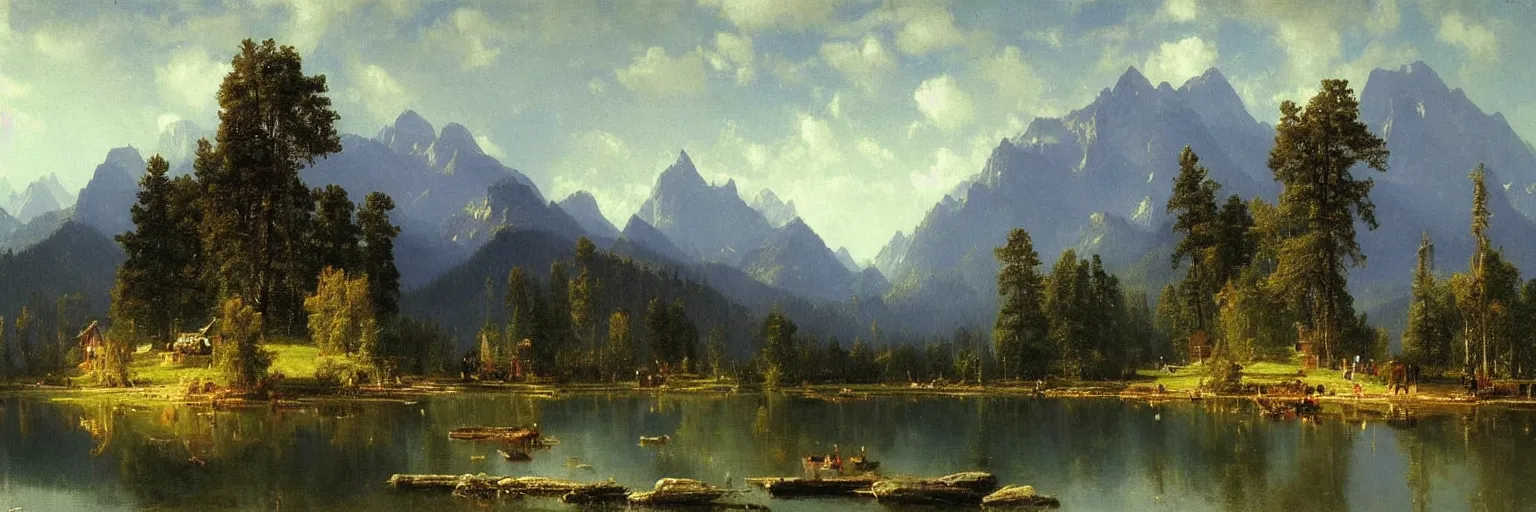 Image similar to beautiful albert bierstadt landscape painting of beautiful mountains and lakes with a mcdonald ’ s fast food restaurant in the scene