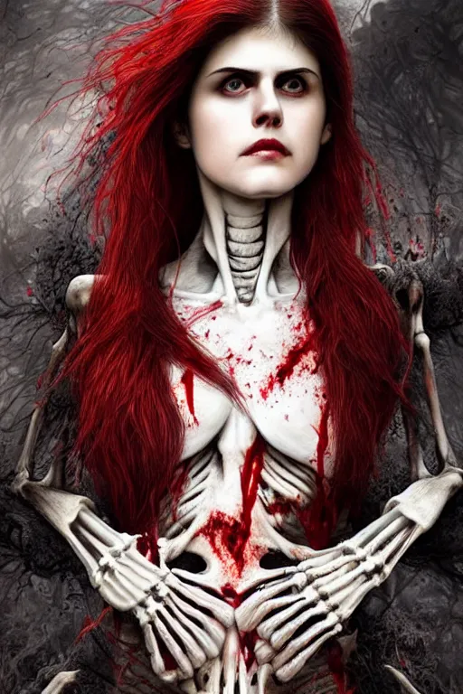 Image similar to skeleton black bones!!, covered with blood, alexandra daddario face!!, long red hair, ultra realistic, concept art, intricate details, highly detailed, photorealistic, octane render, 8 k, unreal engine. retro film still, heavy grain, 3 5 mm, art by artgerm and greg rutkowski and alphonse mucha