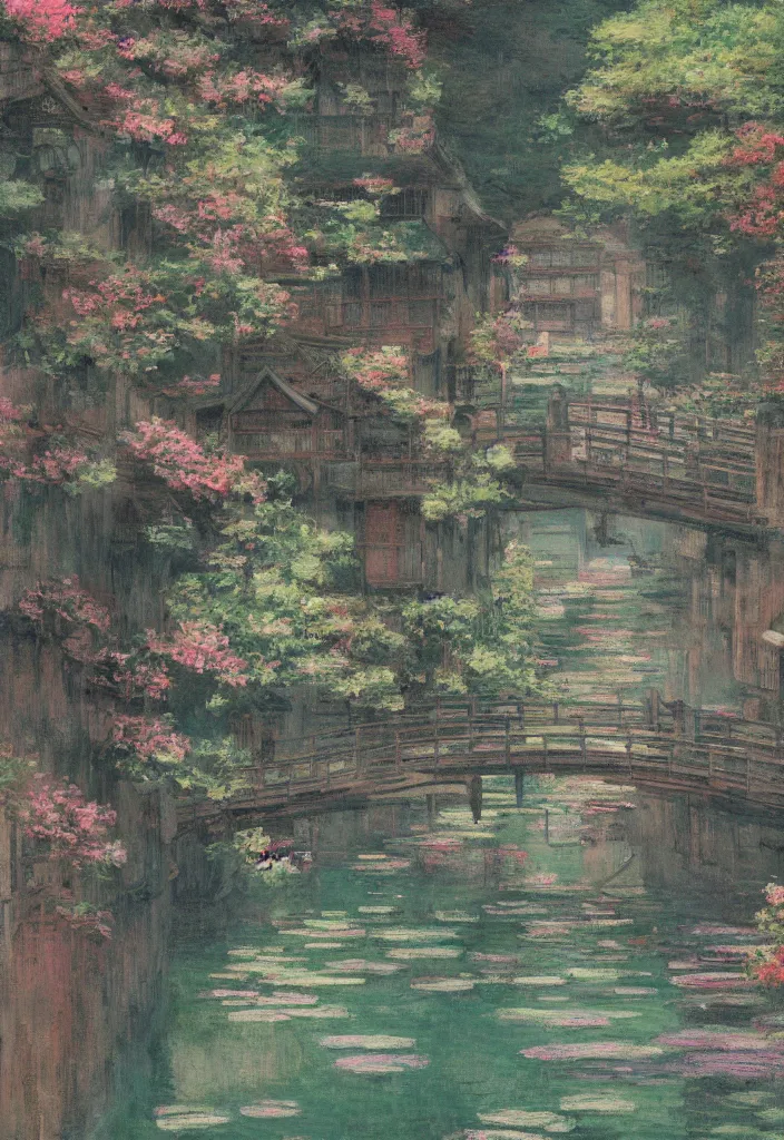 Image similar to a beautiful japanese city in the mountain, amazing ryokans and gorgeous edo era houses, fantastic non human character, epic cyberpunk, lofi vibe, colorful, vivide colors, amazing light, really beautiful nature, by jeremy lipkin, by claude monet, by makoto shinkai, kandinsky touches, inspired by ghibli, masterpiece, beautiful