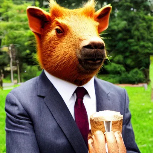 Image similar to smoking cigar, a man wearing a suit capybara head (smoking cigar)