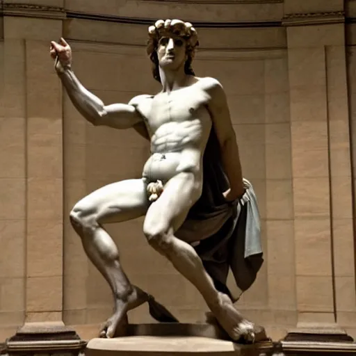 Image similar to David by Michelangelo but David’s face is replaced with Waluigis face from nintendo