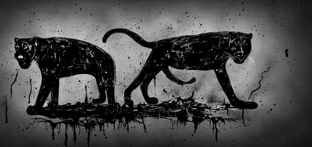 Image similar to a panther, made of tar, sticky, full of tar, covered with tar, dripping tar, dripping tar, splattered tar, sticky tar. concept art, reflections, black goo, animal drawing, desktop background, in the suburban backyard