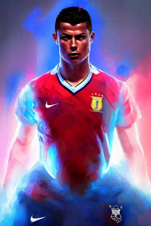 Image similar to ronaldo luis nazario da lima, football player, blue red light, haze, low contrast, digital painting, artstation, concept art, smooth, sharp focus, illustration, art by artgerm and greg rutkowski and alphonse mucha