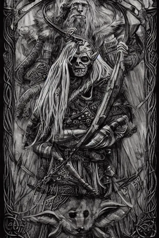 Prompt: tarot card, viking style, occult concept art, dark style, detailed