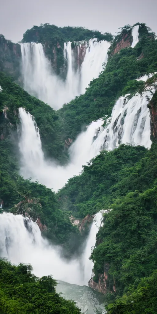 Prompt: a Cloudy peak in southern China with one waterfall, the style of National Geographic magazine