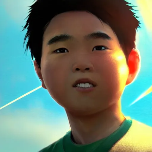 Image similar to a boy hitting a homerun in a baseball game on an idyllic beautiful summer day. Close up. Asian boy with black hair and green eyes. Lens flare. Golden hour. Craig Mullins. Ruan Jia Makoto shinkai.