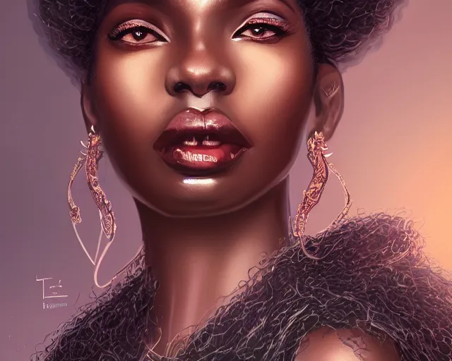 Image similar to A tall black skinned woman wearing a scarf with large lips and smooth eyebrows and curly hair, complimentary eyeliner, light blush and metallic eyeshadow, HD, illustration, epic, fantasy, intricate, elegant, amazing detail, digital painting, artstation, concept art, smooth, sharp focus, illustration, art by Turine Tran