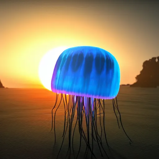 Prompt: side view a group of halitrephes maasai jellyfish growing form tree branch, robot mechanical sense, sunset, c 4 d, 8 k cleaning future, highly quality penetrating feeling bright light, cg, cyberpunk