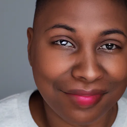 Prompt: studio photograph of a black person with japanese red eyes and a sad smile