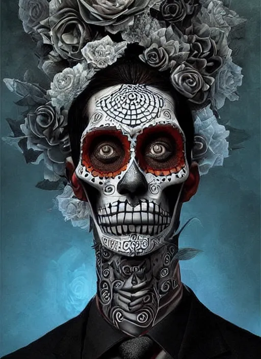 Image similar to dia de los muertos hombre theme surrealist art in the styles of igor morski, jim warren, and a tim burton film, intricate, hyperrealistic, accurate facial details, profile picture with chromakey!!!!! background, volumetric lighting