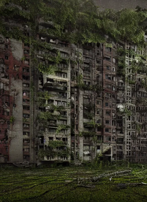 Prompt: a post - apocalyptic chicago, collasped buildings, a dark forest, vines and moss growing over buildings, abandoned aparment buildings, grunge, hyper real, cinematic photo, octane render, insanely detailed, 8 k