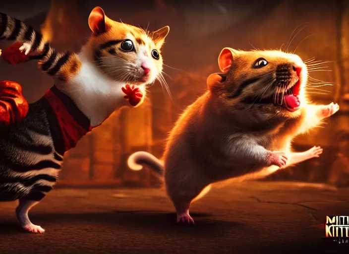 Image similar to hamster fights a cat in mortal kombat on the background of a laughing shao khan. fantasy magic style. highly detailed 8 k. intricate. lifelike. soft light. sony a 7 r iv 5 5 mm. unreal engine with nanite and path tracing