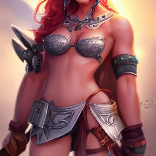 Prompt: very beautiful female barbarian, smiling, flirty, eye contact, perfect face, perfect body, drawn by artgerm